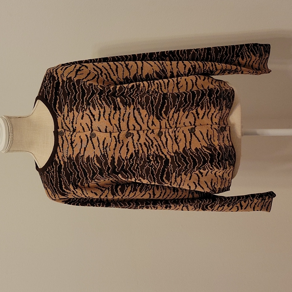 Joan Vass 100% Cotton Tan/Black/Brown Button Down Cardigan in Size 3 (Large)